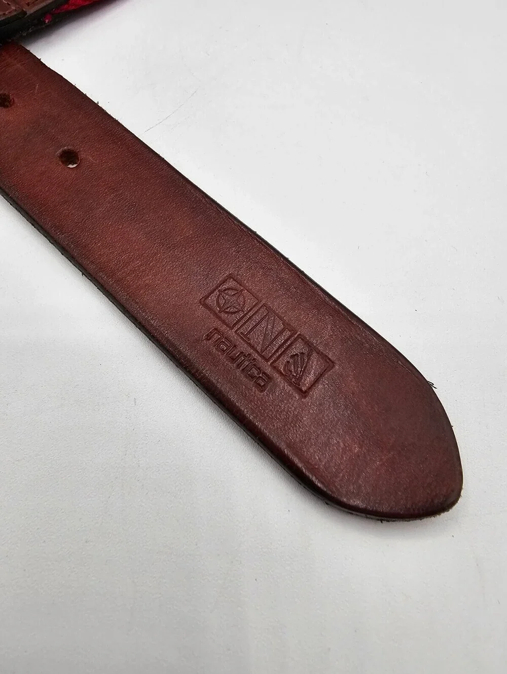 Vintage Nautica Mens Sz 38 Leather and Canvas Belt Red Brown Leather Flags